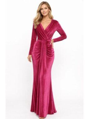 Pink Velvet Ruched Maxi Dress Long Sleeve V Neck Size 14 Formal